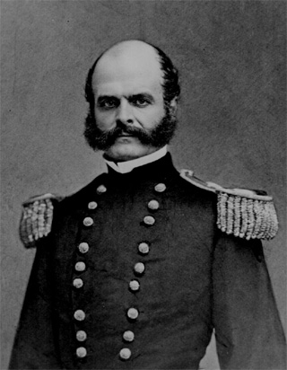 Black and white photograph of U.S. Major General Ambrose E. Burnside in his Civil War officer's uniform (US National Archives 111-B-3698)