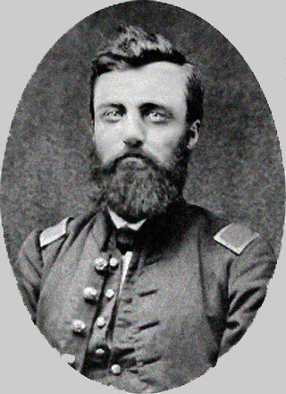 Black and white photo of James S. Morgan in uniform of 2nd Lieutenant of Company E, 80th Indiana Volunteer Infantry Regiment, circa 1862-1864, restored image.