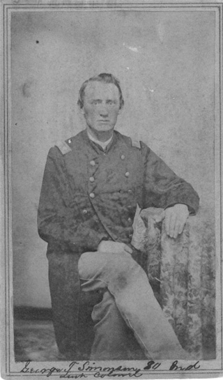 Black and white photo of George T. Simonson in uniform as Major of 80th Indiana Volunteer Infantry Regiment, circa late 1862 or early 1863, original image.