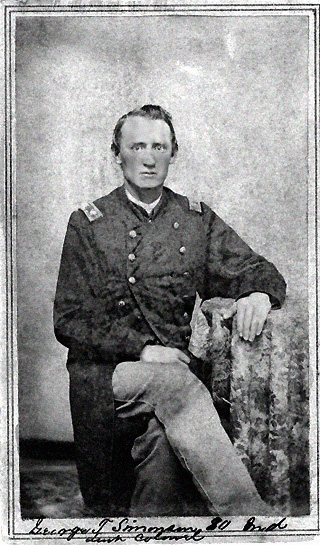 Black and white photo of George T. Simonson in uniform as Major of 80th Indiana Volunteer Infantry Regiment, circa late 1862 or early 1863, enhanced image.